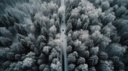Road in snowy forest. Aerial view. Generative ai