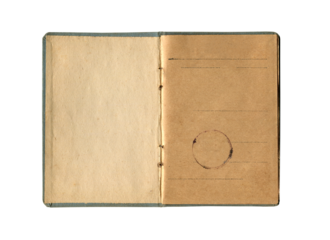 small old notebook with vintage yellow brown paper and antique seal stamp and empty first page open and isolated on white