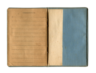 small old open notebook with vintage yellow brown lined paper and stained cloth blue cover isolated on white
