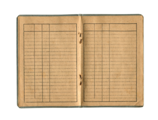 small old notebook with vintage yellow brown paper cloth cover and empty spreadsheet accounting charts inside open and isolated on white