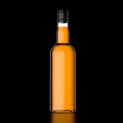 3d illustration of front view tall whiskey bottle with no label and black metallic screw cap on black background