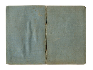 small old open notebook vintage blue cover with stained and wrinkled buckram canvas cloth isolated on white