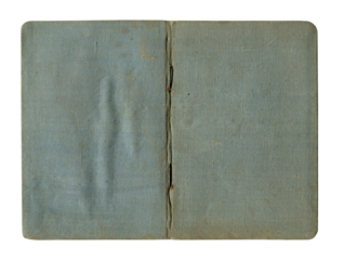 small old open notebook vintage blue cover with stained and wrinkled buckram canvas cloth isolated on white
