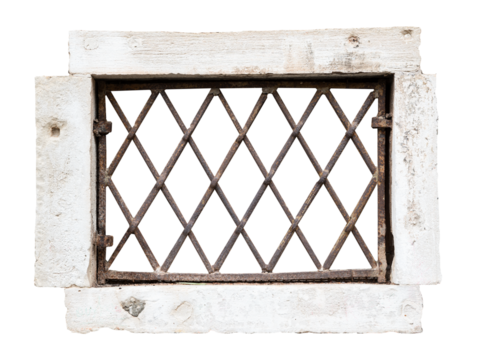 vintage window with stone marble frame protected with metallic railing bars isolated on white