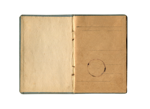 small old notebook with vintage yellow brown paper and antique seal stamp and empty first page open and isolated on white