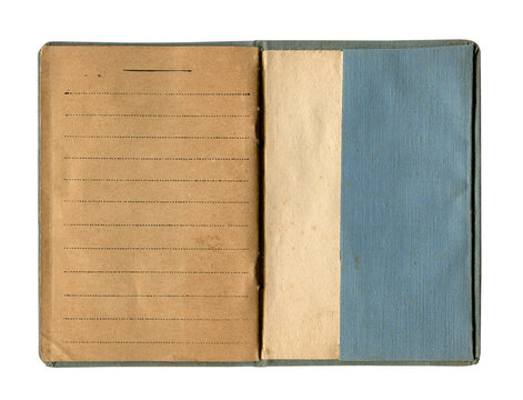 small old open notebook with vintage yellow brown lined paper and stained cloth blue cover isolated on white