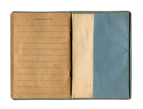small old open notebook with vintage yellow brown lined paper and stained cloth blue cover isolated on white