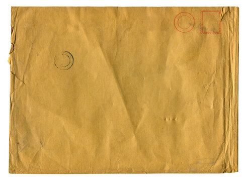 old aged paper envelope with antique stamp seal isolated on white