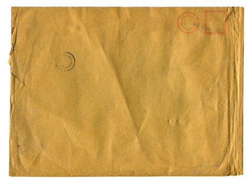 old aged paper envelope with antique stamp seal isolated on white