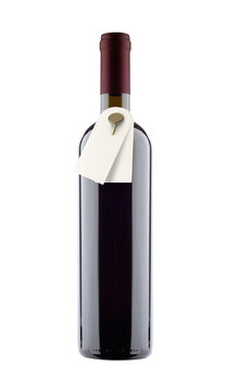 mockup of red wine bottle with paper label tags on neck isolated on white background
