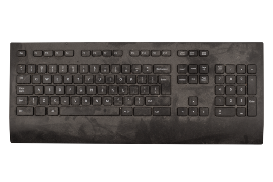 old black keyboard with keys covered in dust and dirt isolated on white background