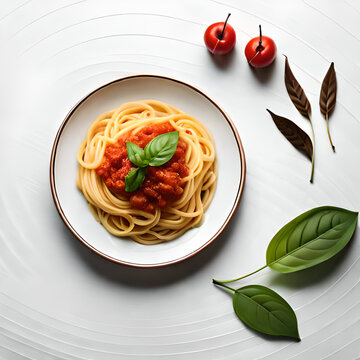 Ai generated photo illustration of high angle of appetizing spaghetti with nudus sauce and green