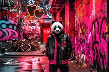 panda pink gangster in neon bar illustration generative ai - obrazy, fototapety, plakaty