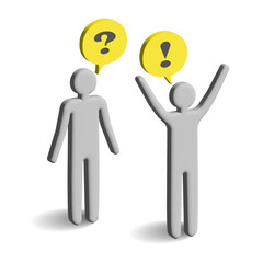 Conversation between two people, two 3d humans with idea bubbles. Discussion, dispute,  talk, answer, speech icon. Question and exclamation marks. Social network group of people, news social networks,