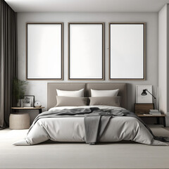 3 large frames mockup in white interior of bedroom
