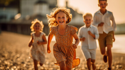 Fototapeta na wymiar Children running and playing happy on the beach - ai generative