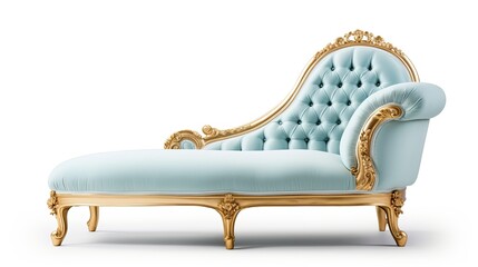 Luxuriöse, hellblaue Chaiselongue mit goldenen Barock-Elementen auf weißem Hintergrund, Generative AI