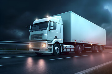 White Highway Truck - Business, Commercial, Truck, Clean and Empty Space in Side View. Copy space. Night view