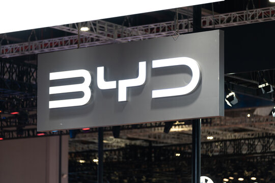 BYD logo in Shanghai International Automobile Industry Exhibition on April 27, 2023,at shanghai china