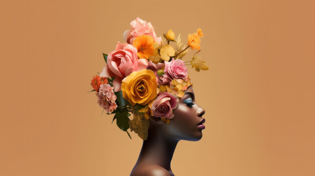 Beautiful black model with hairstyle and in a dress of flowers created with generative AI technology