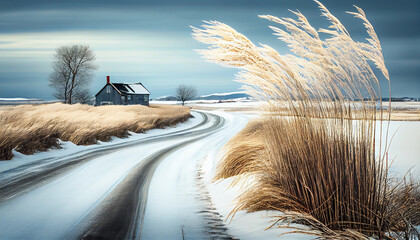 A winter country road with waving reeds