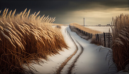 A winter country road with waving reeds