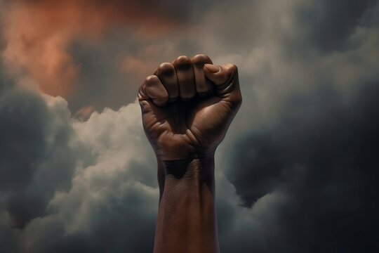 Raised clenched fist against the cloud, power, justice, freedom, demonstration, protest concept. Generated by generative ai