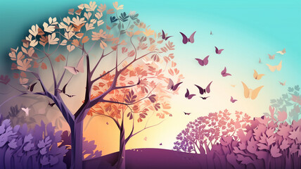 Concept art illustration of tree with butterflies. Generative AI