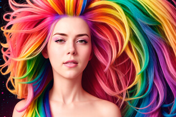 Portrait of a beautiful young woman with rainbow hair. Beauty, fashion. Generative AI