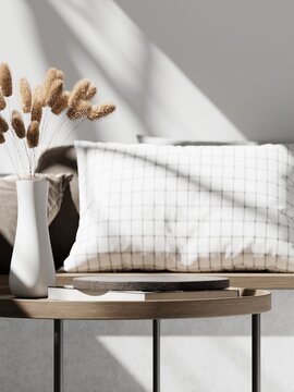 3d granite display podium and home decoration on coffee table with pillow on the bench against white wall. 3d interior illustration.