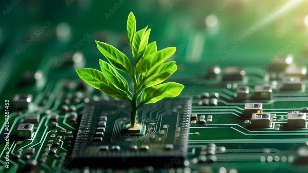 Fototapete tree growing on the converging point of computer circuit board. green computing, green technology, g
