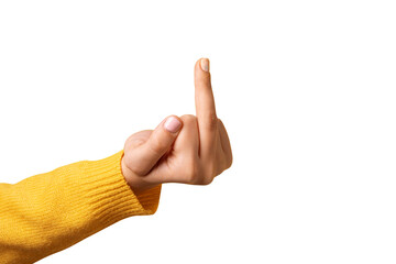Human hand show middle finger isolated on transparent background