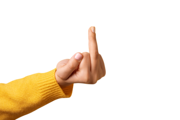 Human hand show middle finger isolated on transparent background