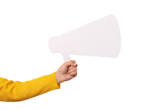 megaphone in hand isolated on transparent background, attention sale concept
