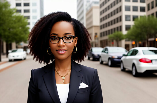 Beautiful african american in business suit on background of metropolitan. Elegant black woman in classic style in downtown. Generative AI.