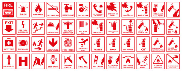 Fire protection signs. Red signs used in fire warning.
