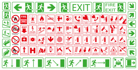 Signs for evacuation during a fire. Fire protection signs. Red signs are used for fire warning.
