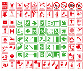 Set of emergency exit signs in case of fire danger.