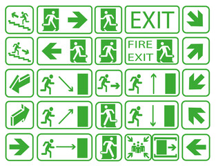 Set of emergency exit and fire exit signs, assembly point in case of fire, emergency exit direction.