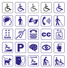 Set of disability icons or graphic elements with information about disability, accessibility icons for people with disabilities or people with disabilities icons.