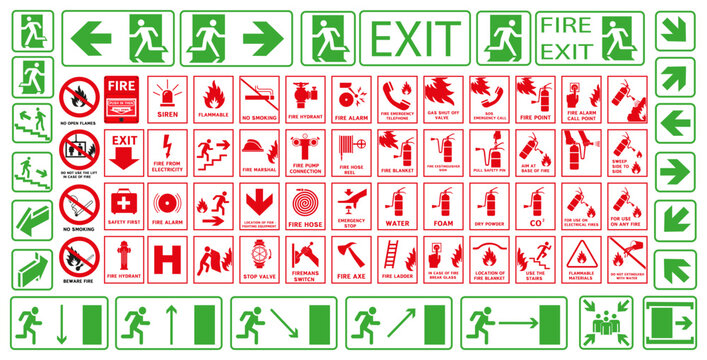 Signs for evacuation during a fire. Fire protection signs. Red signs are used for fire warning.