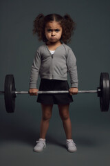 A little girl with a angry expression expressing strength, lifts a heavy barbell - ai generative