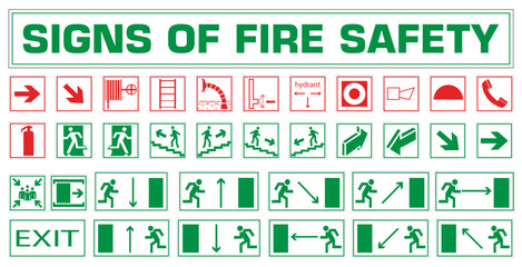 Fire safety signs. Meeting point, emergency exit. Vector illustration.