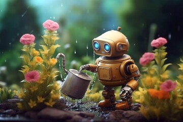 A lovable robot watering flowers in a garden. AI