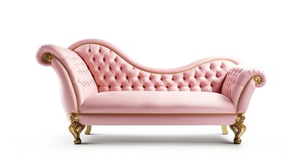 Luxuriöse, altrosa Chaiselongue, Couch mit goldenen Barock-Elementen auf weißem Hintergrund, Generative AI