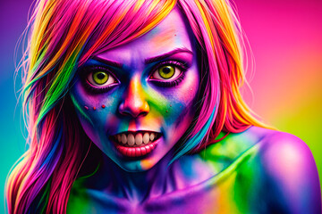 Fototapeta na wymiar Fashionable portrait of a beautiful zombie girl with bright makeup on a colored background. Halloween. Generative AI.