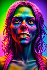 Fototapeta na wymiar Fashionable portrait of a beautiful zombie girl with bright makeup on a colored background. Halloween. Generative AI.