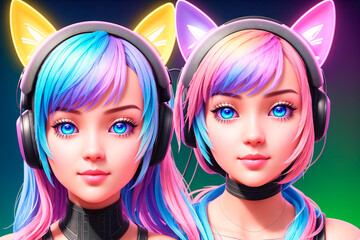 Obraz premium Pop art girl with headphones. Set of avatars. Generative AI