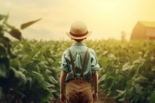 Farmer kid farm field. Generate Ai