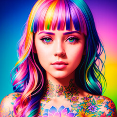 Portrait of a handsome young woman with colorful hair and tattoos on face and body. Generative AI.